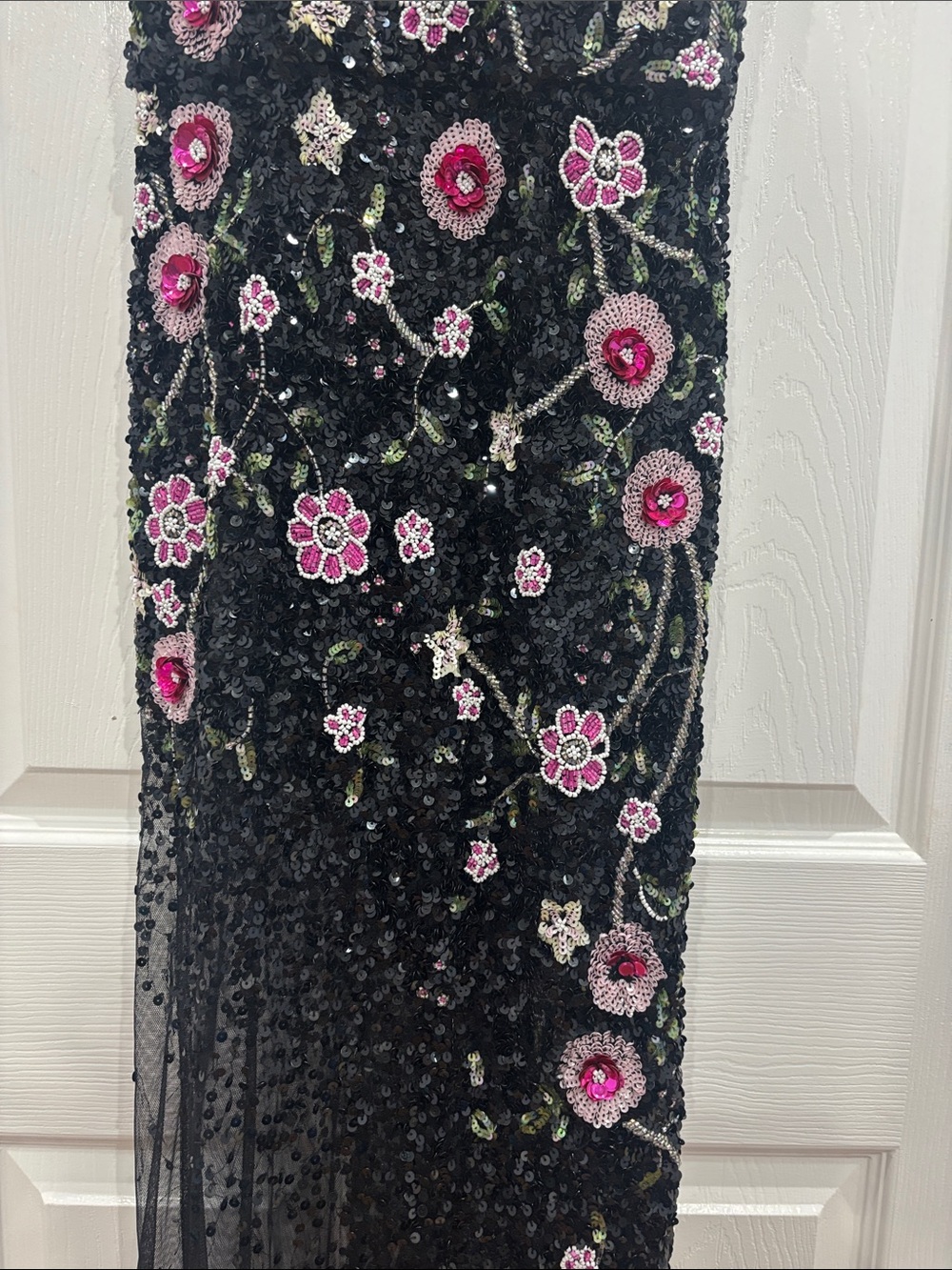 Black Beaded Evening Gown with Pink Floral Embroidery - Picture 8 of 9